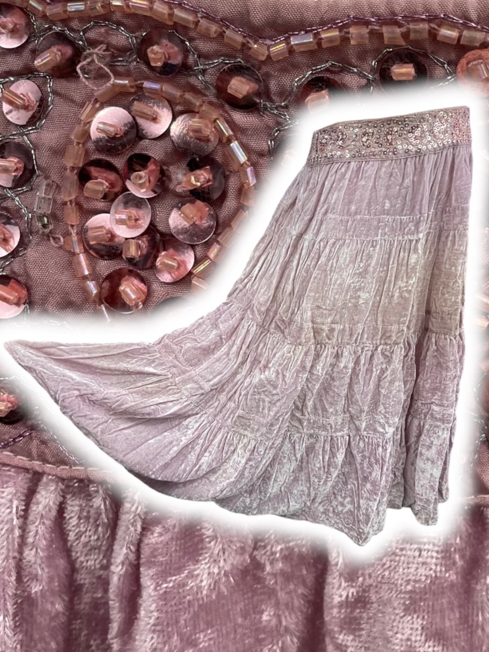 BCBGMaxazria Gypsy Skirt S Blush Pink Tiered Maxi Long Sequin Velvet BCBG Boho